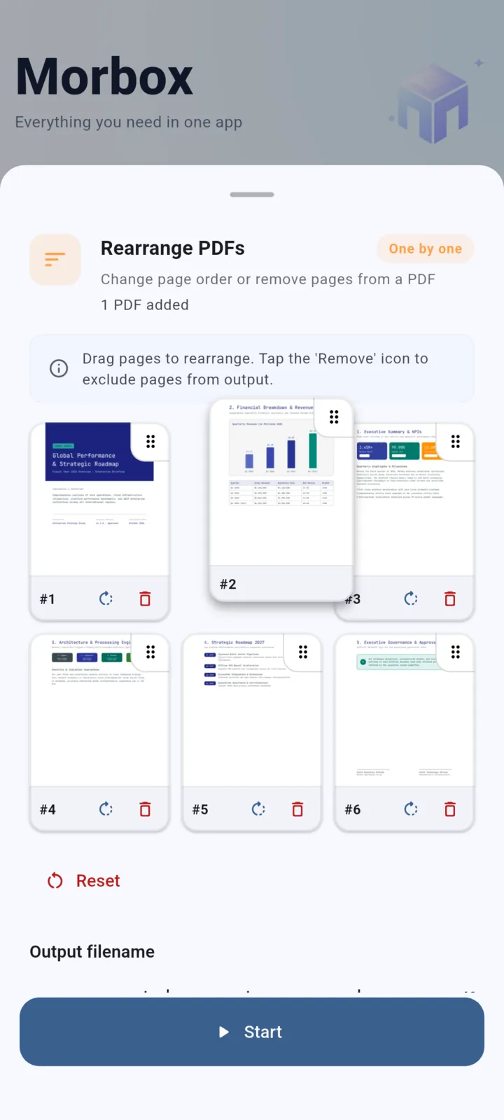 Morbox Reorder PDFs screen showing a draggable grid of document pages