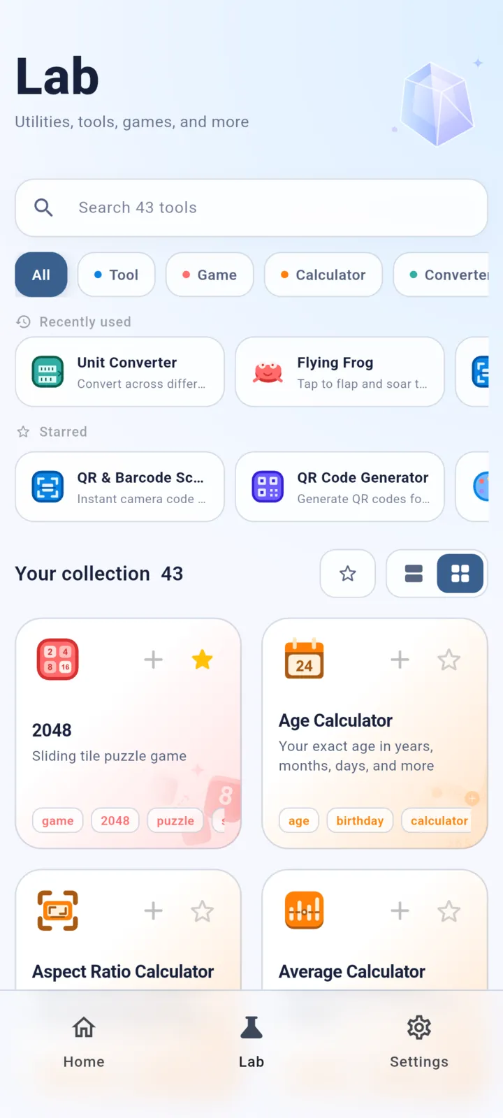 Morbox Lab catalog of 43 utilities with search, categories, starred and recent tools