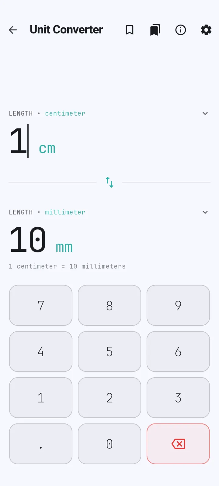 Morbox unit converter showing centimetres to millimetres with a tactile keypad