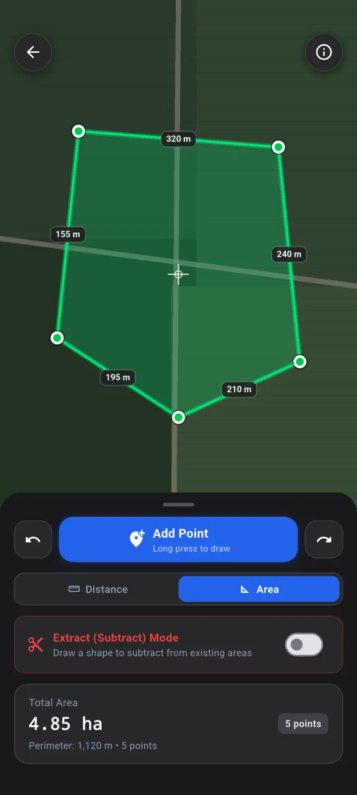 Morbox GPS field measurement tool drawing an area polygon on Google Maps