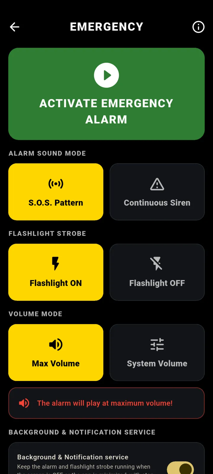 Morbox emergency alarm screen with SOS pattern, continuous siren and flashlight strobe
